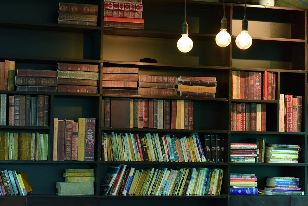 A vintage-style bookshelf filled with classic and colorful books under warm lighting.